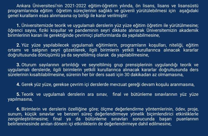 2021-2022 Eğitim-Öğretim Güz Yarıyılı Önlisans, Lisans ve Lisansüstü Programlarında Eğitim-Öğretimin Yürütülmesine İlişkin Senato Kararı _ Ankara Üniversitesi 1