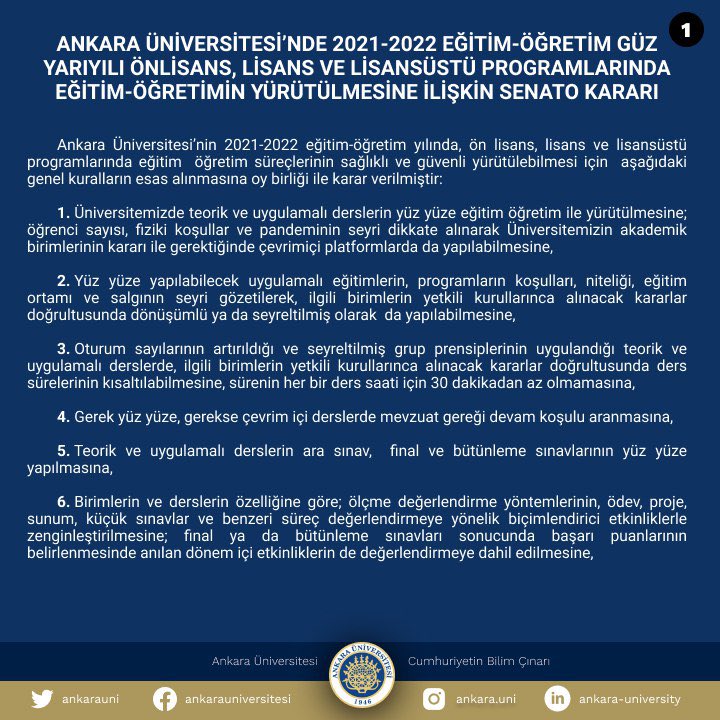 2021-2022 Eğitim-Öğretim Güz Yarıyılı Önlisans, Lisans ve Lisansüstü Programlarında Eğitim-Öğretimin Yürütülmesine İlişkin Senato Kararı _ Ankara Üniversitesi 1